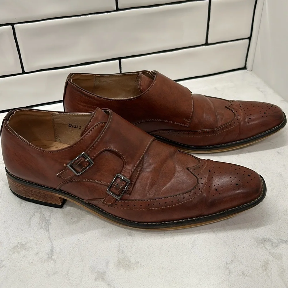 Gino Vitale Brown Monk Strap Brogue Wingtip Leather Men's Dress Shoe 9